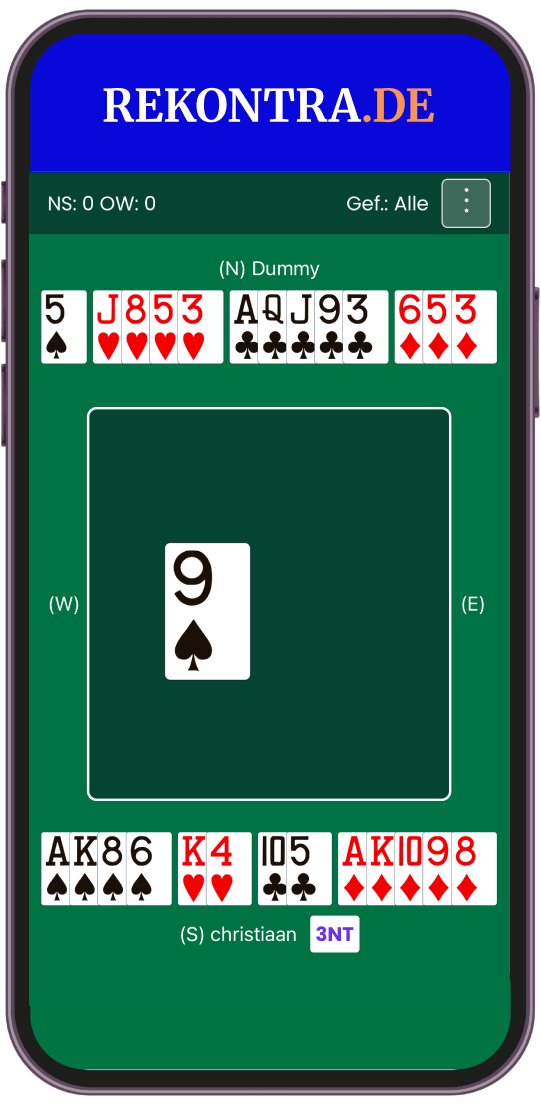 The Rekontra.de bridge app playing a hand